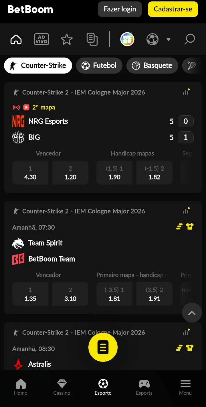 Apostas em eSports na Betboom
