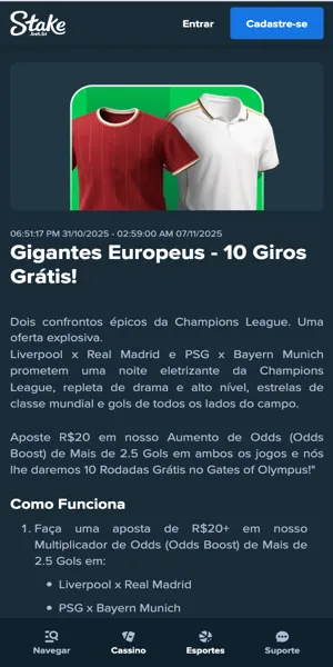 Imagem da página da promoção "Gigantes Europeus" na Stake