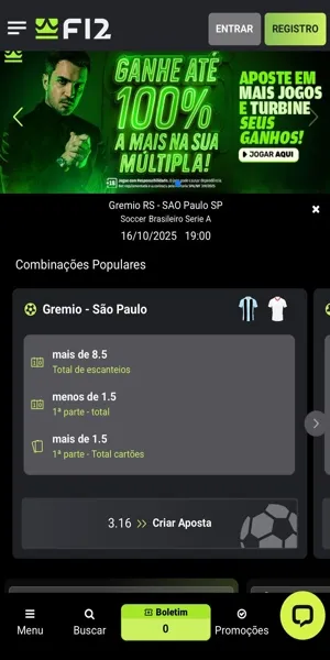 Imagem com exemplo de uma sugestão de aposta para um jogo de futebol pelo Brasileirão Série A na F12