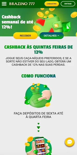 Tela com a p&aacute;gina da promo&ccedil;&atilde;o de cashback do Brazino777