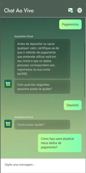 Imagem de uma conversa com o suporte ao vivo da Bet365, dispon&iacute;vel 24 horas por dia.