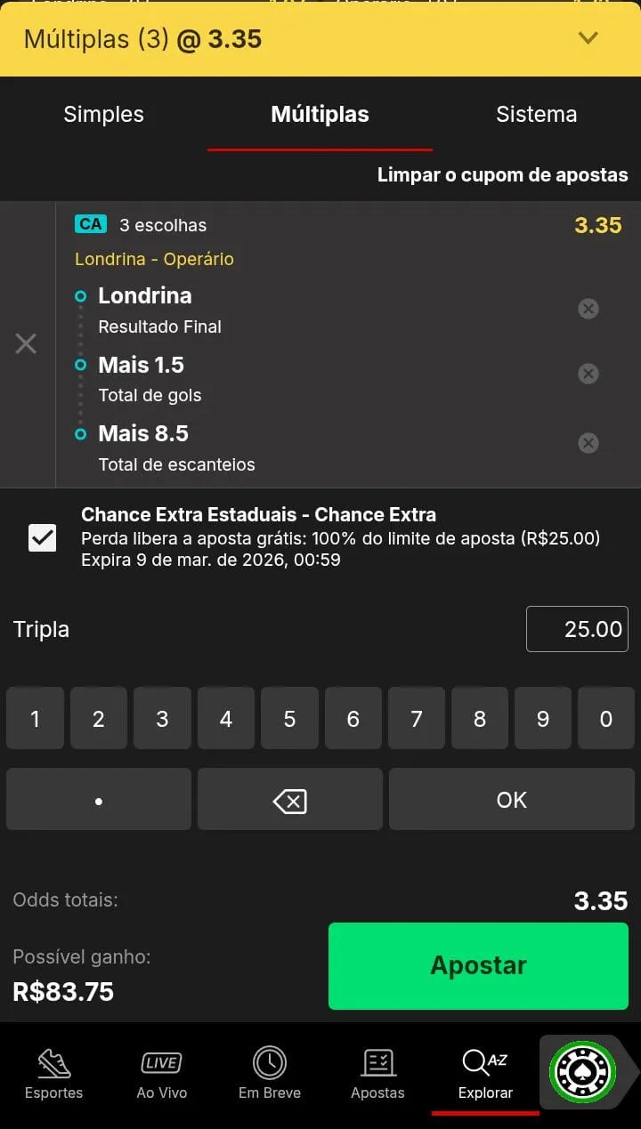 Boletim de aposta na KTO