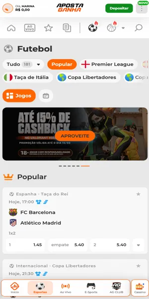Imagem da p&aacute;gina inicial de apostas esportivas da Aposta Ganha