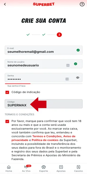 Cadastro na Superbet usando o código de indicação SUPERMAX