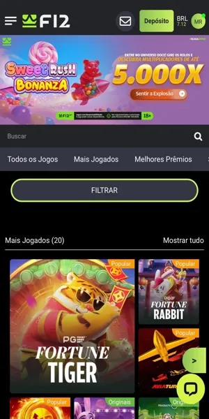 Imagem com a tela inicial da seção de cassino online da F12 Bet