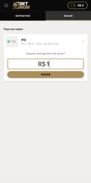 Imagem do processo de saque via Pix na BetMGM