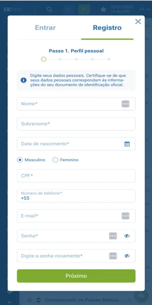 Imagem do processo de registro de conta na 1xBet Brasil