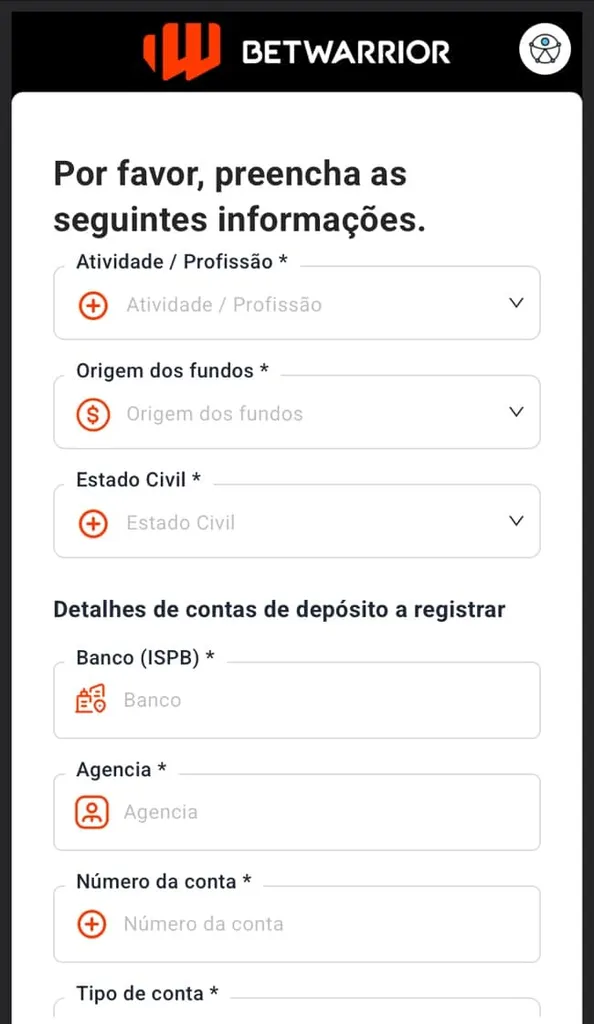 Segunda parte do formulário de registro para cadastrar sua profissão, origem dos fundos monetários utilizados nas apostas e o cadastro do seu banco.