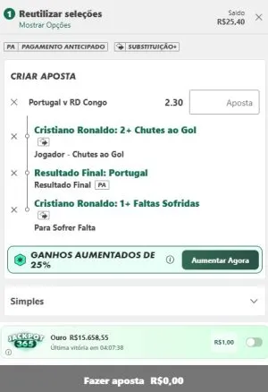 Bilhete da Bet365 com a promo&ccedil;&atilde;o Criar Aposta Aumentada para o jogo Portugal x RD Congo