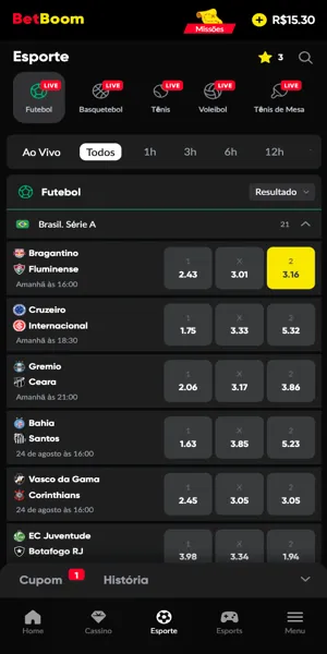 Tela com op&ccedil;&otilde;es de apostas para o futebol na Betboom