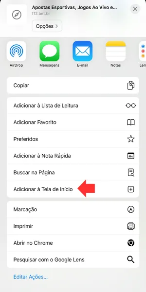 Imagem mostrando como adicionar a F12 Bet na tela inicial do seu celular com sistema iOS