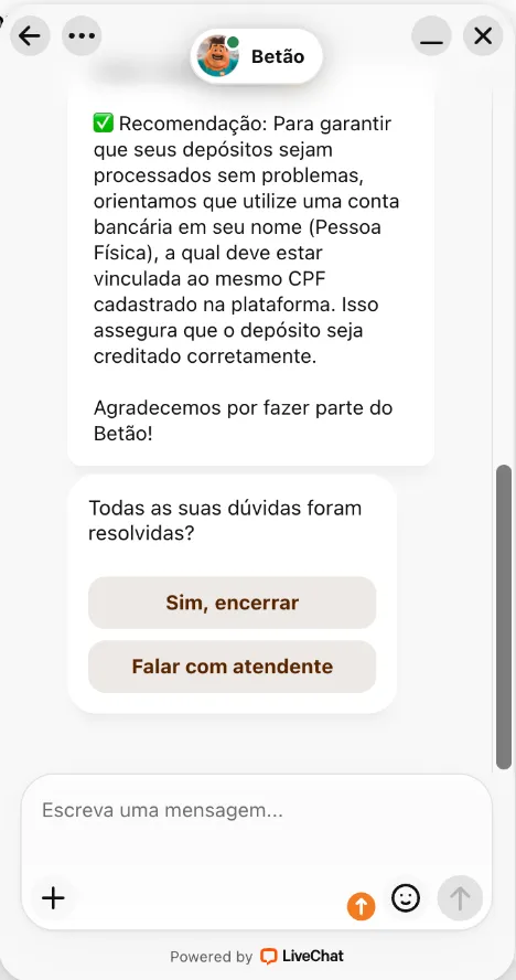 Imagem de uma conversa utilizando o chat ao vivo da Bet&atilde;o