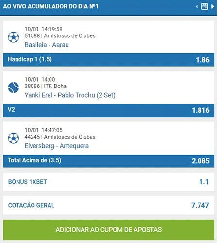 Exemplo de um acumulador do dia na 1xbet