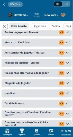 Jogo da NBA com mais de 10 mercados de Criar Aposta na Sportingbet