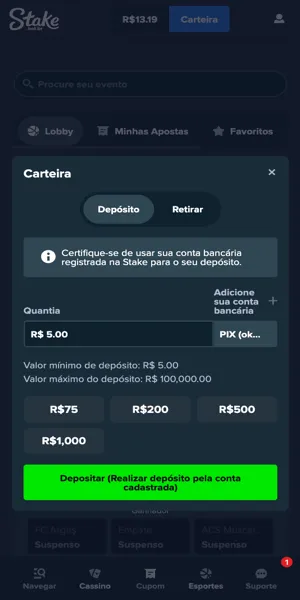imagem do in&iacute;cio do processo de dep&oacute;sito via Pix na Stake