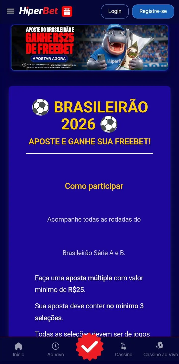 Oferta Aposte no Brasileir&atilde;o e ganhe R$25 de freebet da Hiperbet