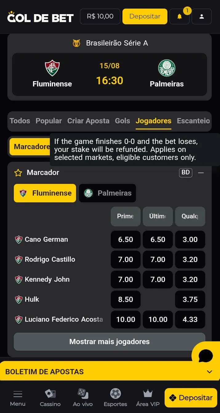 Mecado de apostas de estat&iacute;sticas de jogadores na Gol de Bet
