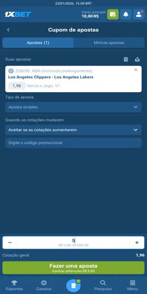 Imagem do bilhete de apostas no aplicativo da 1xBet