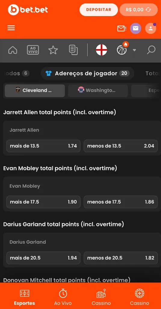 Tela mostrando as apostas especiais em jogadores de basquete na NBA