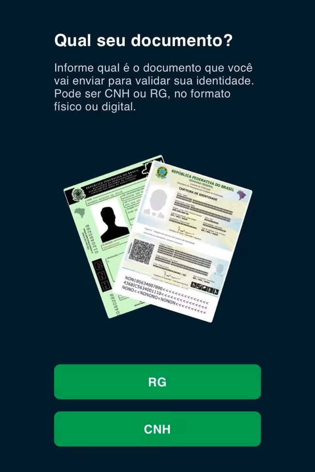 Tela inicial para a verifica&ccedil;&atilde;o do seu documento de identidade antes de realizar suas apostas. Seubet aceita RG ou CNH.