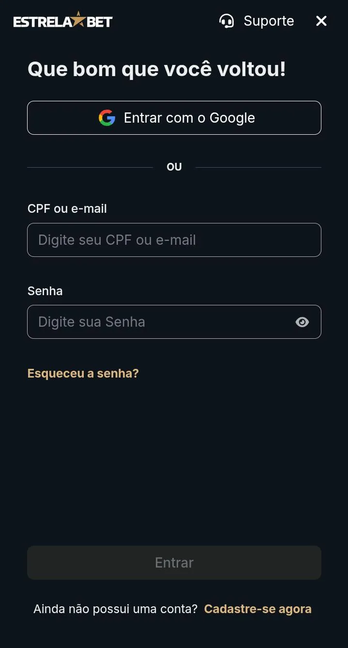 P&aacute;gina de login da Estrela Bet