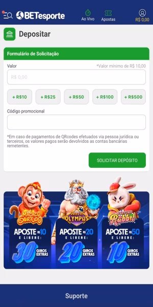 Imagem do processo de dep&oacute;sito via Pix na Betesporte
