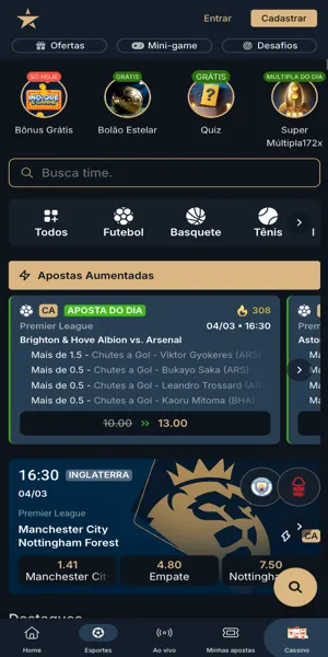 Interface de apostas da Estrelabet com dep&oacute;sito m&iacute;nimo de R$1 via Pix