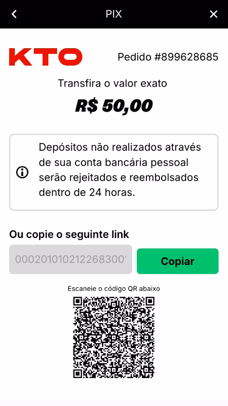 dep&oacute;sito via PIX na KTO