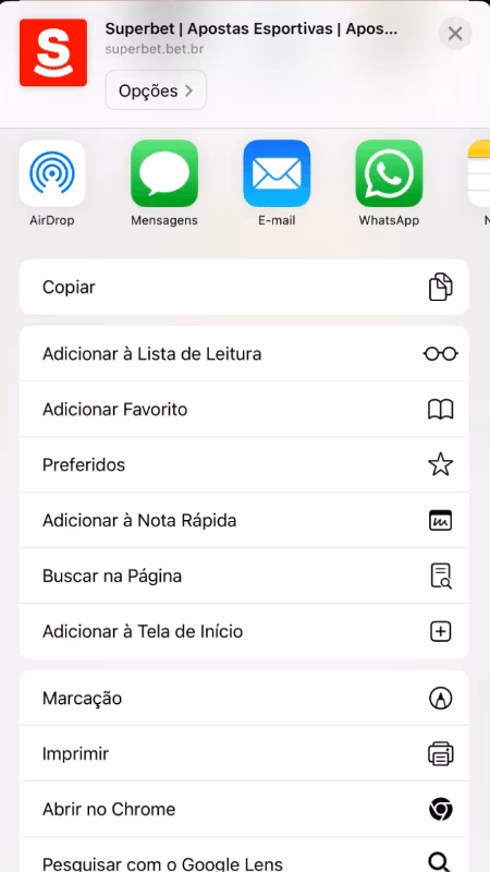 Tela com atalho para acessar a Superbet no iPhone