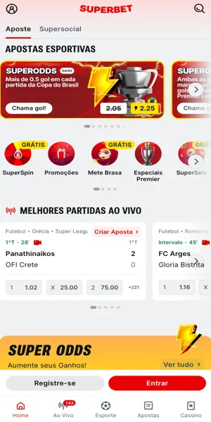 Interface da se&ccedil;&atilde;o de apostas esportivas da Superbet com possibilidade de fazer dep&oacute;sitos a partir de R$1