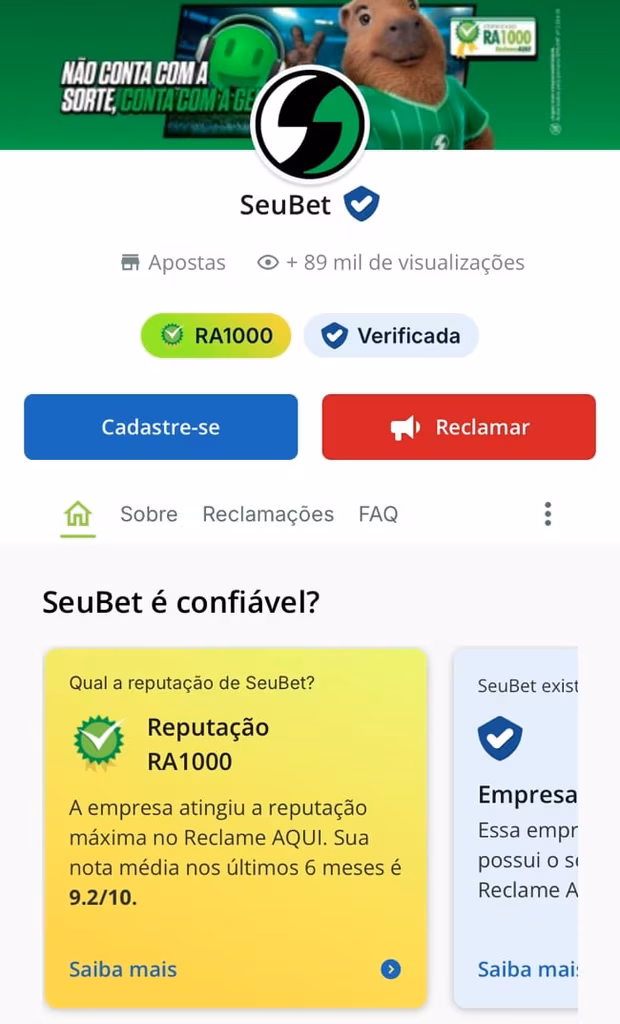 Tela comprovando que o Seubet &eacute; confi&aacute;vel com base em sua p&aacute;gina no Reclame Aqui. A casa de apostas obteve certificado RA1000.