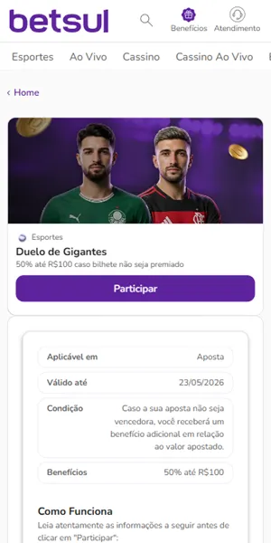 P&aacute;gina da promo&ccedil;&atilde;o Duelo de Gigantes da Betsul