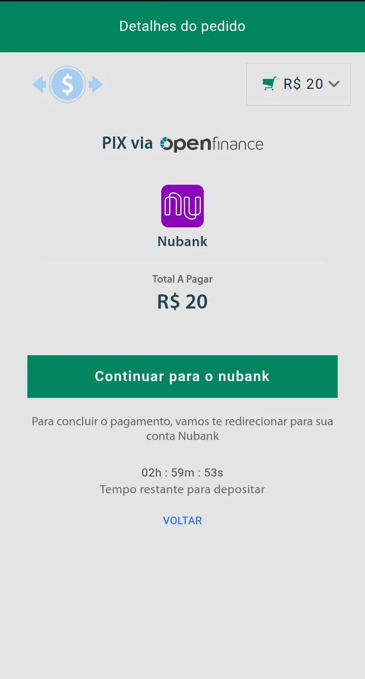 P&aacute;gina de dep&oacute;sito via Pix do Nubank na Bet365