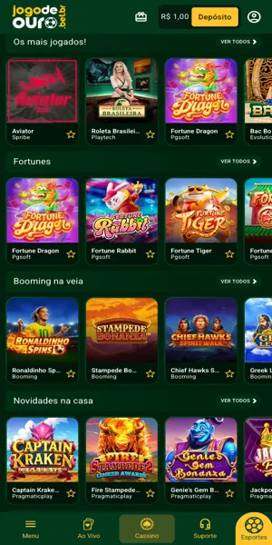 Imagem da tela inicial da seção do cassino online da casa de apostas Jogo de Ouro