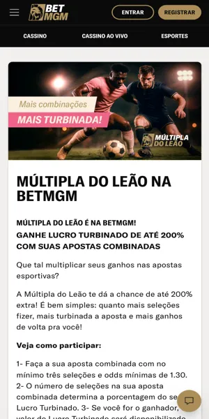 Imagem da p&aacute;gina da promo&ccedil;&atilde;o "M&uacute;ltipla do Le&atilde;o" com 200% de aumento nas odds finais das apostas combinadas