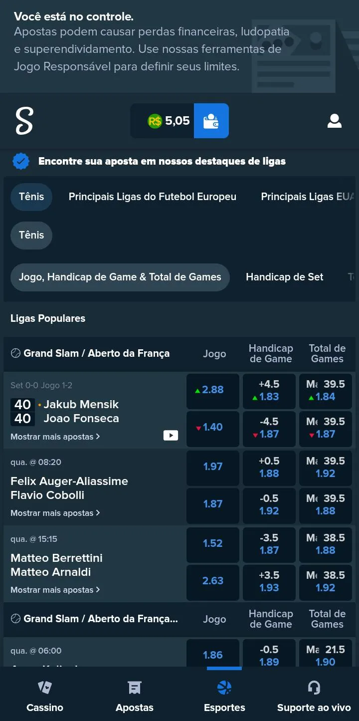 Lista de jogos de t&ecirc;nis do livro de apostas da Stake