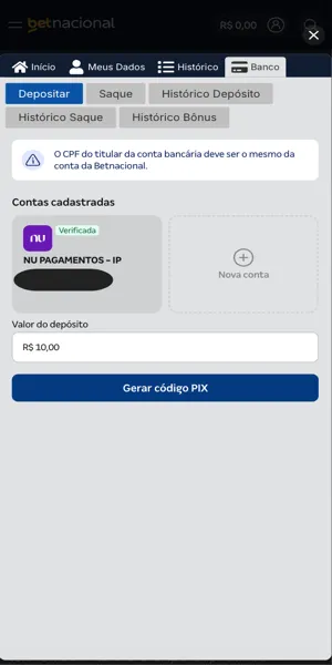 Imagem do processo de dep&oacute;sito via Pix na Betnacional