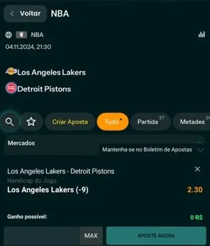 tela para colocar suas apostas nos jogos da NBA pelo Bet&atilde;o app