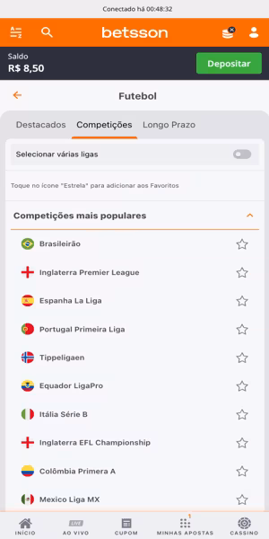 Imagem da se&ccedil;&atilde;o de futebol nas apostas esportivas da Betsson com op&ccedil;&otilde;es de campeonatos