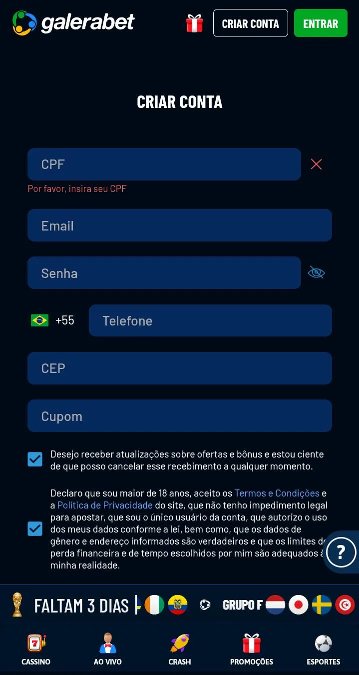 Formul&aacute;rio de cadastro da Galera Bet