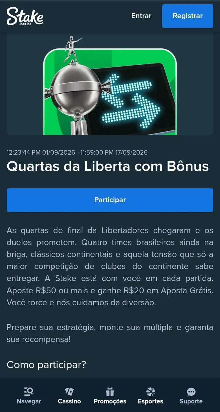 Oferta de Apostas Gr&aacute;tis na Libertadores na Stake.