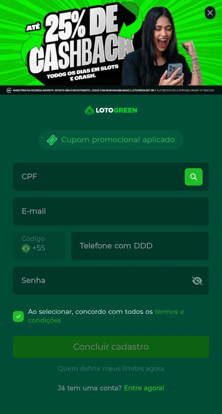 Formul&aacute;rio de cadastro da Lotogreen
