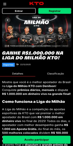 Imagem da página da promoção Liga do Milhão na KTO