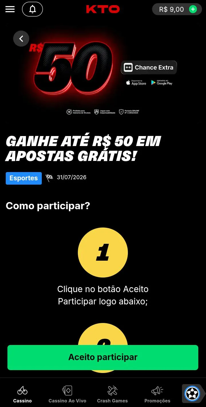 Chance Extra de at&eacute; R$50 para o app da KTO
