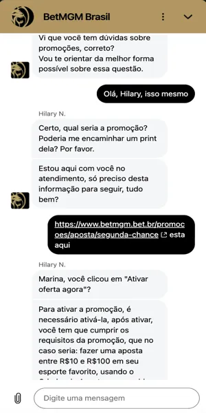 Imagem com o atendimento ao cliente da BetMGM bastante atencioso com dúvidas simples