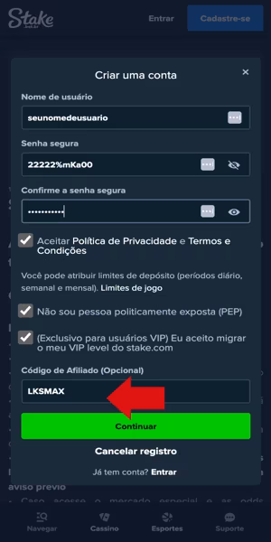Tela com passo de registro com o c&oacute;digo Stake