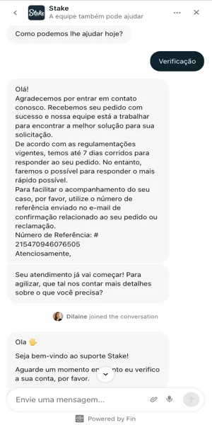 Tela com uma tentativa de atendimento no chat ao vivo da Stake