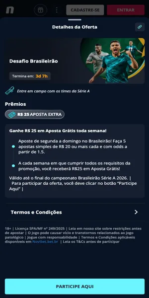 Imagem da p&aacute;gina da promo&ccedil;&atilde;o de aposta gr&aacute;tis na Novibet para o Brasileir&atilde;o.