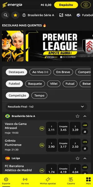 P&aacute;gina com a se&ccedil;&atilde;o de apostas na Energia Bet 