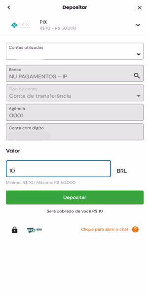 Imagem do processo de dep&oacute;sito via Pix na Betsson